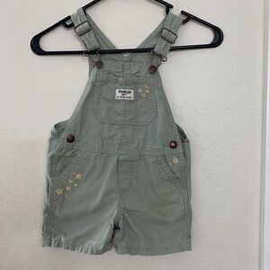 Little girl, Oshkosh green floral embroidered overalls